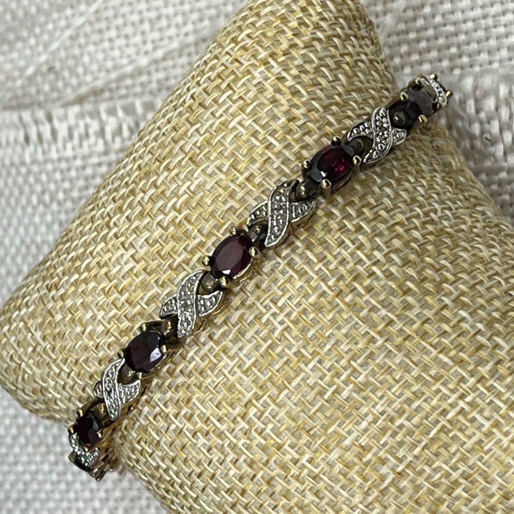 Vintage Sterling Silver 925 Garnet Bracelet 7.5” Estate 15.9g Two-Tone Design - Picture 6 of 17